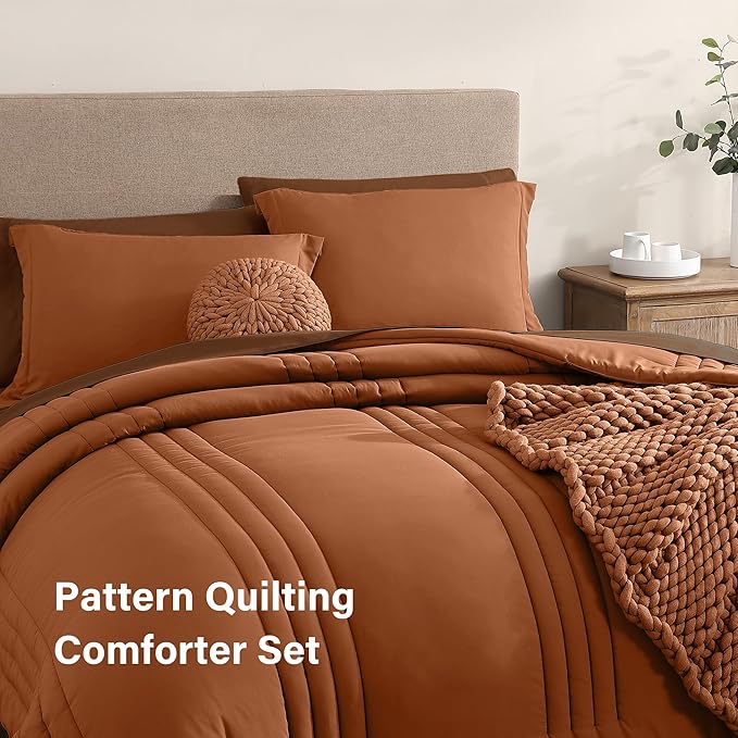Monbix King Size Comforter Set - 7 Pieces Bed in a Bag King, Burnt Orange Bedding Sets with Comforter, All Seasons Comforter Bed Set with Sheets, Pillowcases & Shams