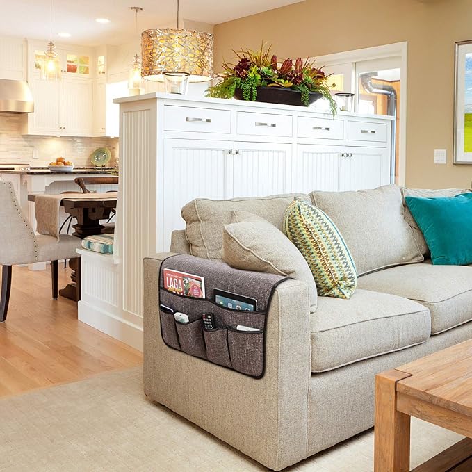 Armchair Caddy Remote Control Holder Sofa Organizer Non-Slip Couch Arm Chair Caddy with 6 Pockets for Tablets,Smart Phone,Books,Pens,Magazines,Ipad (19x35In, Darkgrey)