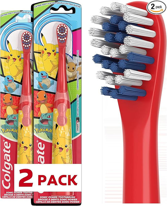 Colgate Kids Battery Powered Pokemon Toothbrush, Extra Soft Bristles, Flat-Laying Handle to Prevent Rolling, AA Battery Included, 2 Pack