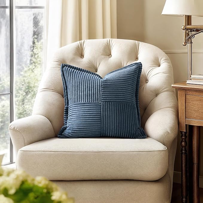 MIULEE Blue Corduroy Decorative Euro Sham Pillow Covers 24x24 Inch with Splicing Set of 2 Soft Boho Pillow Covers Broadside Textured Summer Coastal Pillowcases for Couch Bed Livingroom