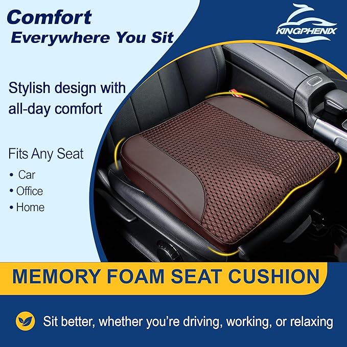 kingphenix Car Seat Cushion – Memory Foam Pad for Driving Comfort – Boosts Height and Relieves Coccyx & Lower Back Pain – Car, Truck, Office Chair (Leather & 4D Mesh Brown)