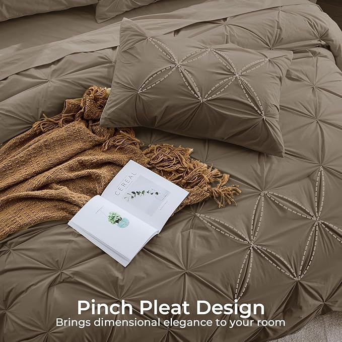 Sasttie Twin XL Comforter Set, 5-Piece Bed in a Bag, Pintuck Bedding Sets for All Season, Includes Comforter, Flat Sheet, Fitted Sheet, Pillowcase and Pillowsham, Brown