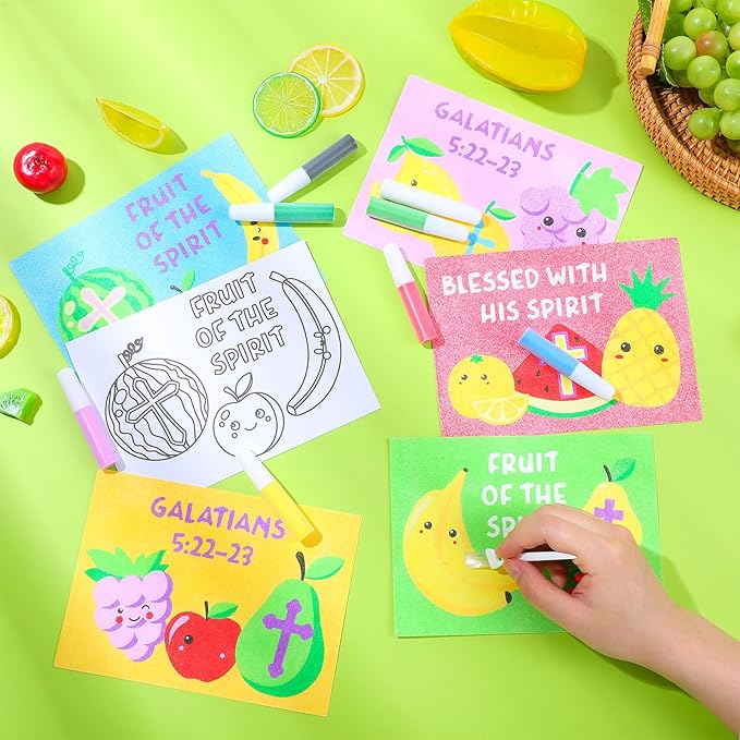 30 Sets Fruit of The Spirit Sand Art Kits for Kids DIY Sunday School Craft Sand Painting Cards Set for Children DIY Arts Religious Fruit of The Spirit Theme Classroom Home Party Supplies