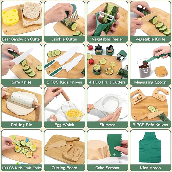20 PCS Kids Safe Knife Set for Real Cooking, Montessori Kitchen Tools for Toddlers, Cooking & Baking Set for Kids Little Chefs, Kids Kitchen Knife Set, Crinkle Cutter, Kids Apron for Girls Boys