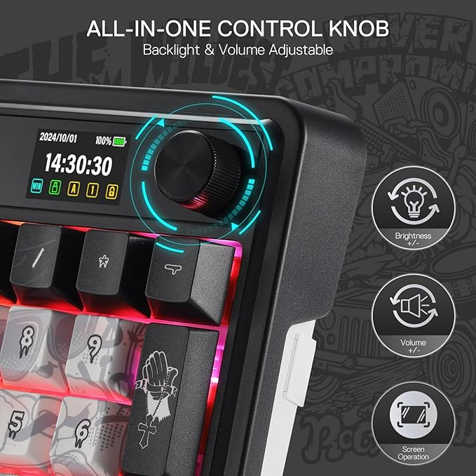 Redragon K719 PRO Wireless Gasket Gaming Keyboard w/Hype Screen & Knob, 95 Keys Mechanical Keyboard, Easy-Control 1.14’’ TFT Info Display, 5-Layer Noise Dampening, Street Graffiti Dye-Sub PBT Keycaps