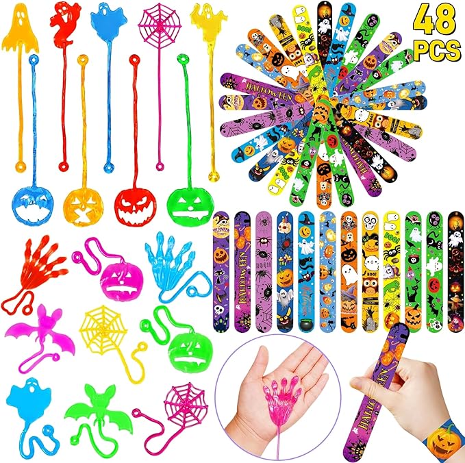48 Pcs Halloween Treats Non Candy for Kids Sticky Hands and Slap Bracelets Halloween Party Favors Toys Goodie Bag Stuffers (Halloween-48 Pack)