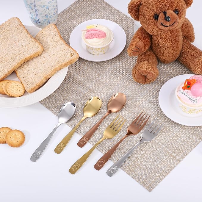 6 Piece Stainless Steel Kids Silverware Set,Toddler Utensils,Children Safe Food Grade Forks and Spoons,Mirror Polished, Dishwasher Safe
