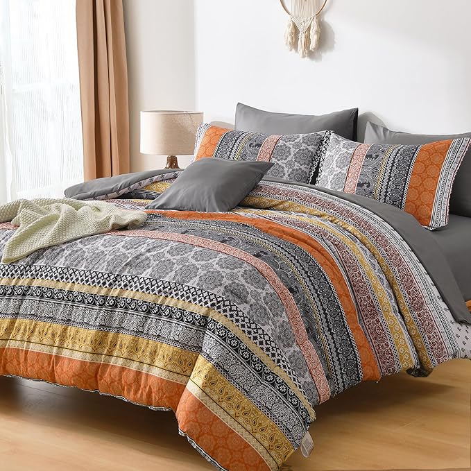 Cottolester Boho Comforter Set King Size,8 Pieces Orange Bohemian Striped Bed in a Bag,Paisley Soft Microfiber Bedding Comforter Set