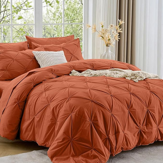 Sasttie Full Size Comforter Set, 7-Piece Bed in a Bag, Pintuck Bedding Set for All Season, Includes Comforter, Flat Sheet, Fitted Sheet, Pillowcases and Pillowshams, Burnt Orange