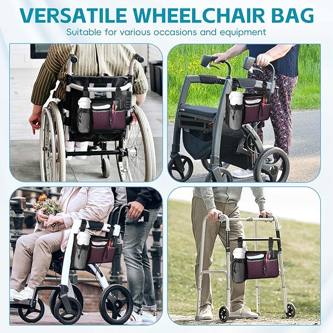 Wheelchair Bag with Cup Holder, Wheelchair Accessories Armrest Side Bag Multi Pockets Pouch for Electric Wheelchairs, Walker, Rollators & Mobility Scooters, Adults, Seniors, Purple