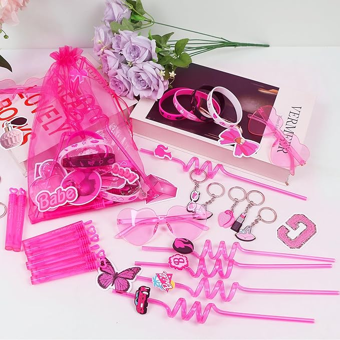 122pcs Pink Party Favors for Girls, Pink Girls Birthday Party Favors Kit Keychain Bracelet Bubble Stickers Straws Heart Sunglasses Gift Bag Hot Pink Princess Birthday Party Supplies