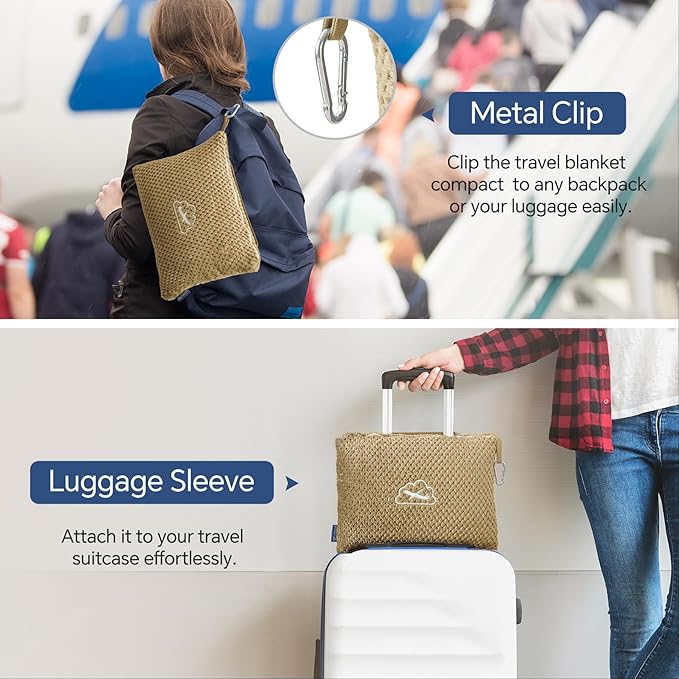 BEDELITE Travel Blanket with Bag, Ultra-Soft Jacquard Fleece Blanket with Luggage Sleeve & Backpack Clip, Airplane Blanket Travel Essentials, Camel