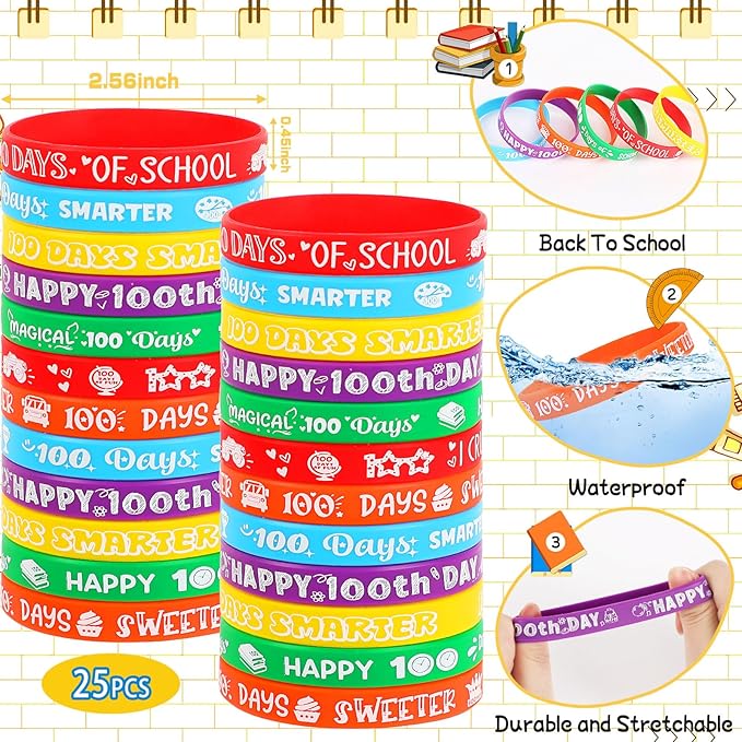 JUNEBRUSHS 100 Days of School Silicone Slap Bracelets, 50 Pcs Rubber Bracelets Snap Wristbands Happy 100th Day of School Party Favors Supplies Classroom Student Rewards