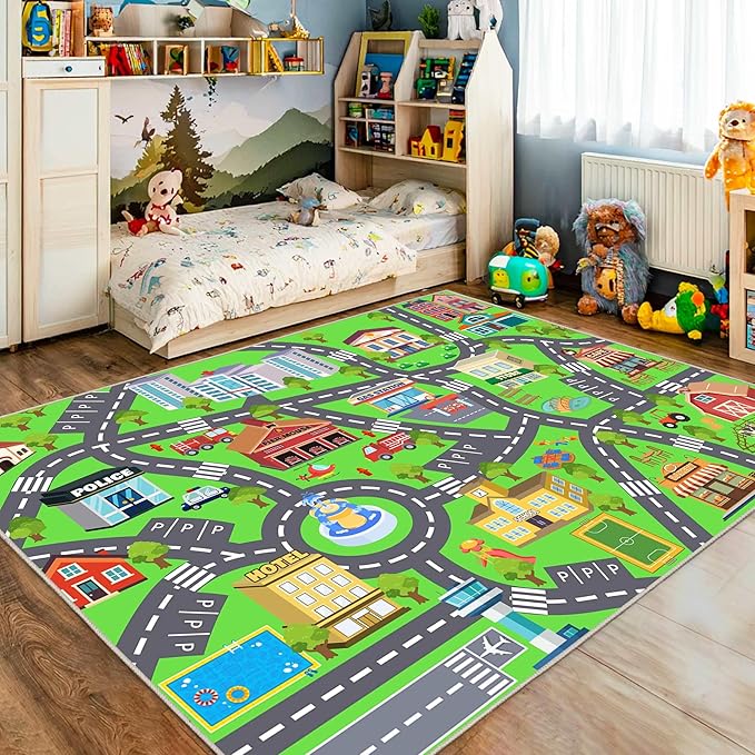 Kids Room Rug - Soft & Non-Slip 7x9 Ft Town Car Rug City Map Play Mat, Childrens Road Catpet Washable Rug for Classroom Nursery Bedroom Boys