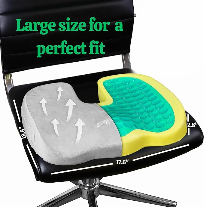 LuminaRest® Gel Seat Cushion for Long Sitting – Premium CertiPUR-US® Certified Memory Foam, Ergonomic Office Chair Cushion for Tailbone & Coccyx Pain Relief, Sciatica & Back Support – (Gray)