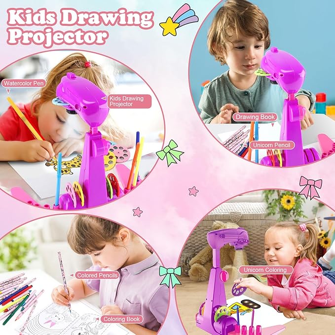 Hoarosall Drawing Projector for Kids, Art and Craft Kit, Toys for Girls Aged 3+, Drawing Supplies, Including Colored Pencils, Crayons, Coloring Books, Gift for 3+ Year Old Girls (Purple)