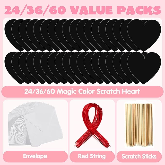 JOYIN 24 Packs Valentines Day Cards with Scratch Heart Paper, Magic Color Heart Rainbow Scratch Cards for Kids Crafts and Art Classroom Exchange, Valentine's Party Favors