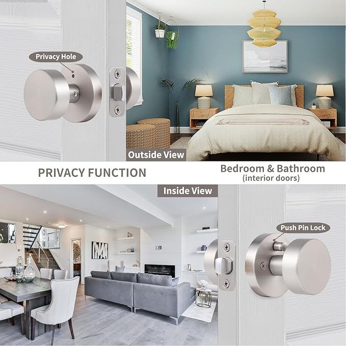 Brushed Nickel Door Knobs Interior, Satin Nickel Privacy Door Knob Interior with Lock, Round Modern Keyless Bedroom and Bathroom Door Handles