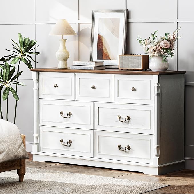 Fkhouse 52" Farmhouse 7 Drawer Dresser for Bedroom,Tall Wide Wood Country Rustic Chest of Drawers,Column Decor,Retro Handle,Natural Texture,Wood Vintage TV Stand,Antique White