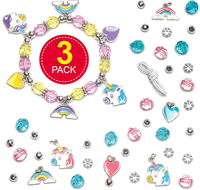 Baker Ross AW622 Unicorn Charm Bracelet Kits - Pack of 3, Make Your Own Colorful Bangle Charms, with Beads, Charms and Elastic Cord for Kids Arts and Crafts Activities