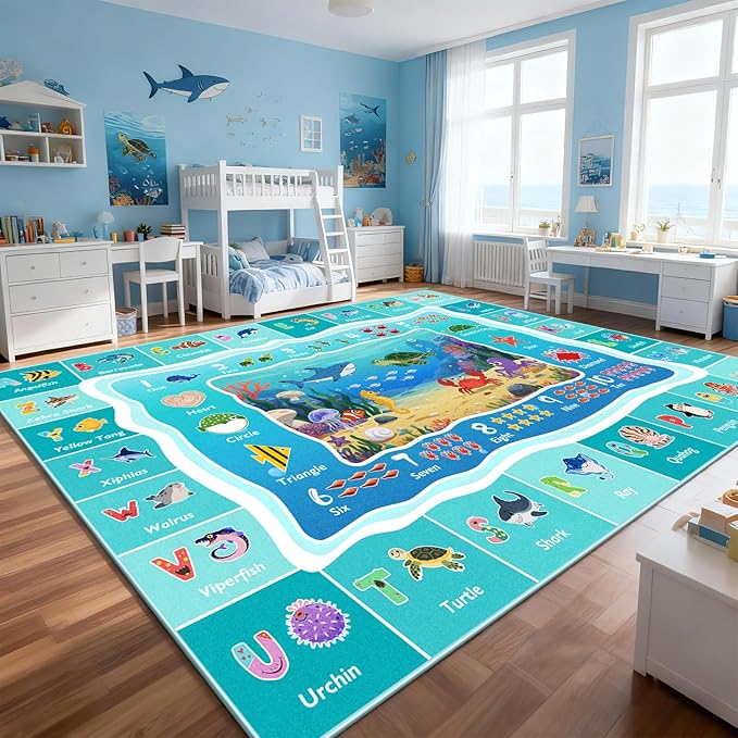 ABC Kids Ocean Rug for Playroom, 8x10ft Alphabet Classroom Rug, Educational Kids Play Mat with Number Shape Animal, Learning Area Rug for Nursery Bedroom Kidsroom, Colorful Non-Slip Washable