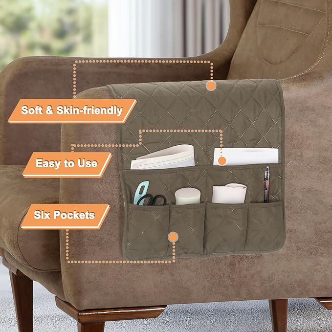 uxcell Couch Sofa Armrest Organizer Non-Slip Chair Arm Recliner Remote Control Organizer with 6 Pockets for Books, Magazines, Tablet, Phone, Plaid Khaki