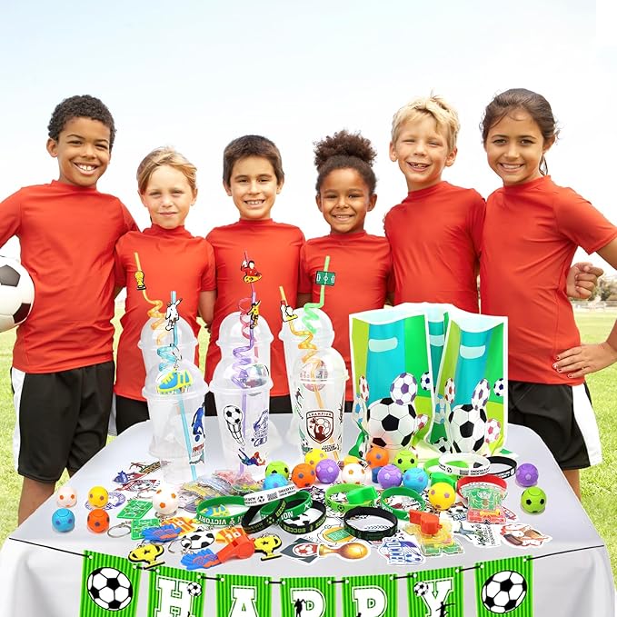 166 Pcs Soccer Party Favors for 12 People Party Supplies with Cup Straw Stress Ball Keychain Sticker Silicone Wristbands Whistle Goodie Bags for Kids Birthday Decorations Gifts