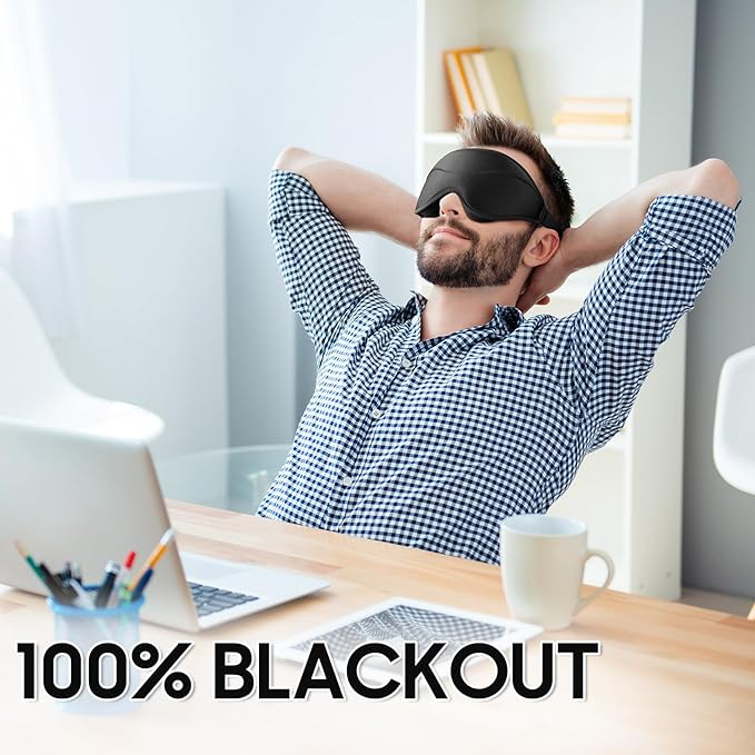 MOEASEii Sleep Mask - Total Blackout 3D Sleeping Mask, Super Lightweight & Silky Soft Eye Mask for Sleeping, Fully Adjustable Fit for Home, Office, Traveling, Meditation, Yoga, Black