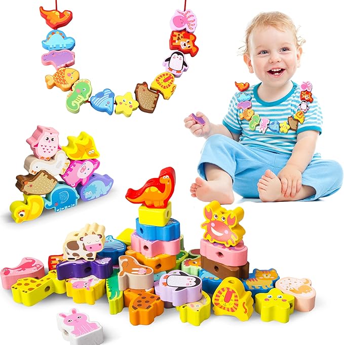 Montessori Educational Wooden Lacing Beads Toys for Toddler 3 4 5 Year Old, Farm Animals Dinosaur Fish Threading Toys Preschool Stringing Fine Motor Skills Toy for Boys Girls