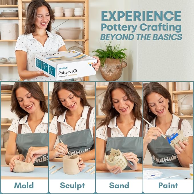 Air Dry Clay Pottery Kit for Adults Beginner, Starter Kit with 4.4Lbs Air-Dry Modeling Clay, Sculpting Tools, Paint & Glaze, Molding, Sculpt & Painting Set Hobby DIY Art Craft Kits (Gray Beige)