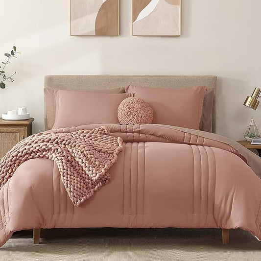 Monbix Queen Comforter Set - 7 Pieces Clay Pink Bed in a Bag Queen Bedding Sets with Comforters, All Seasons Comforter Bed Set with Sheets, Pillowcases & Shams