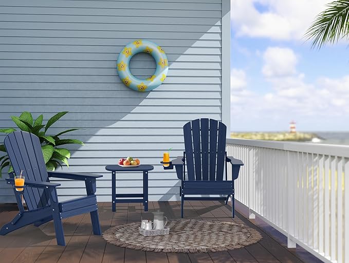 Upgraded Folding Adirondack Chair with All-Weather Cup Holder-EcoVida, Premium Wood Grain Texture, HDPE Waterproof, Suitable for Fire Pit, Patio, Porch, Navy