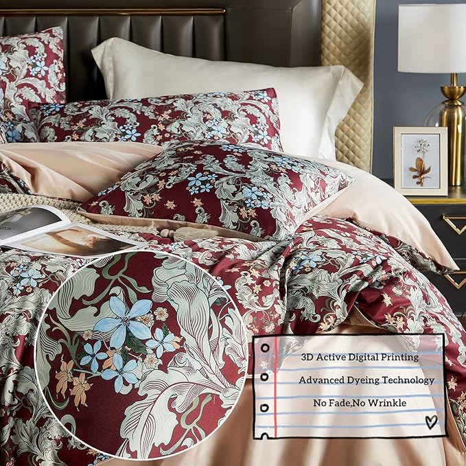 OranFran Red Floral Duvet Cover Set,5 PCS Colorful Blossom Print Comforter Covers Set,King Duvet Cover,Soft Bedding Set,Reversible Design(Summer,King/California King)