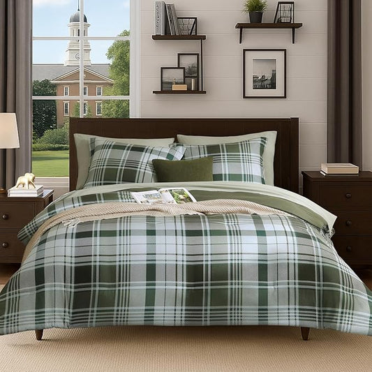 MaiRêve Plaid Queen Comforter Sets Olive Green, Classic Farmhouse Bedding Set Bed in a Bag 7 Pieces, Lightweight All Season Comforter Set with Fitted & Flat Sheet, Pillowcases & Shams