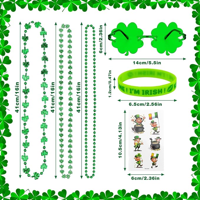 Homgaty 109 Pack St. Patricks Day Party Favors Set, Green Shamrock Glasses Beaded Necklace Bracelets Tattoos Stickers for St Patricks Day Irish Festival Decorations Supplies