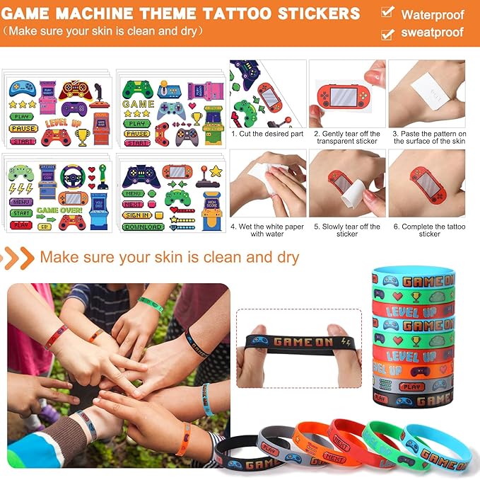 HyDren 194 Pcs Video Game Party Favors Set Include Gift Bags Reusable Straws Bubble Wands Bracelet Keychain Badge Stamps Tattoo Stickers Gift Tags for Kids Birthday Party Supplies