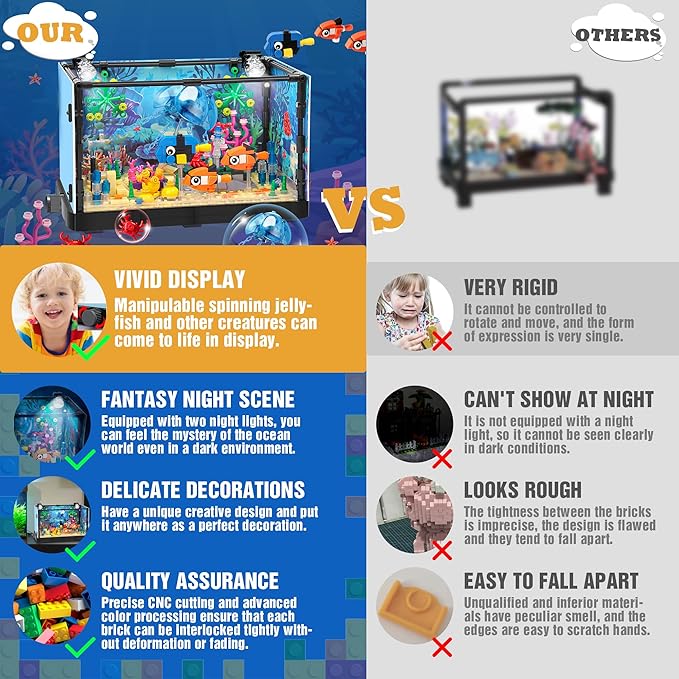 Fish Tank Building Block, Lighting Aquarium Building Sets for Adults and Kids Including Ocean Jellyfish, Dolphin, Turtle, Crab, Animal Building Toys for Boys Age 8-12, 725pcs