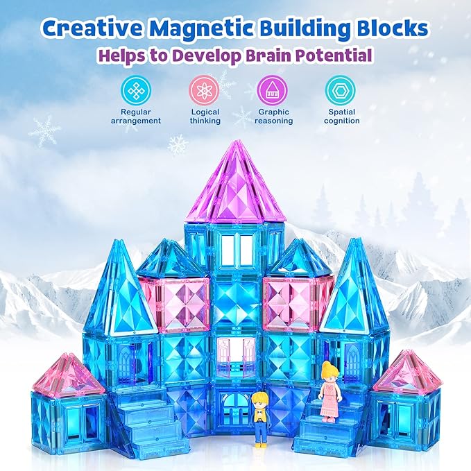 Frozen Castle Magnetic Tiles - 3D Diamond Building Blocks, STEM Educational Kids Toys for Pretend Play, 3 4 5 6 7 8 Year Old Girl Birthday Gifts for Your Princess and Prince