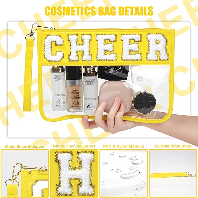 BuyCard Cheer Chenille Letter Bags Clear Makeup Bag, Cheerleader Gifts Cosmetic Bag, Varsity Preppy Patch Flat Pouch Cheer Accessories, Waterproof PVC Organizer Toiletry Bag for Women Girls Yellow