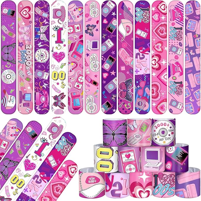48PCS Y2k 2000s Pink Party Favors Slap Bracelets for Teen Girls, Y2k 2000s Wristbands Bracelets Goodie Bag Fillers Throwback Early 2000s Party Decor Y2k Retro Hip Hop Birthday Decorations Supplies