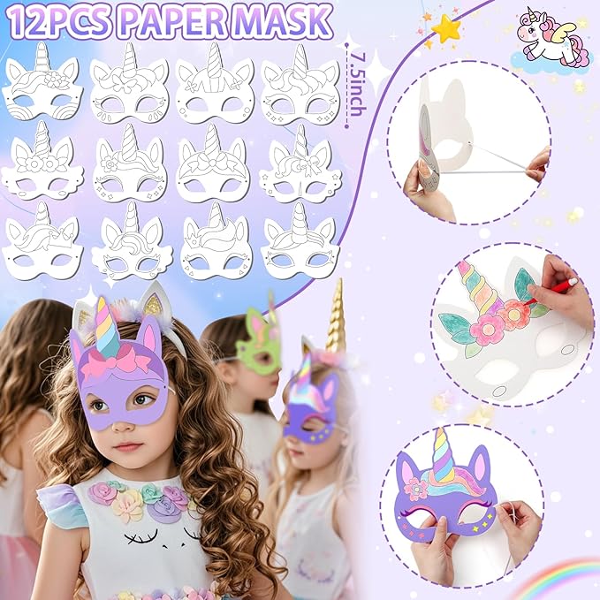 96PCS Unicorn Party Favors for Kids Coloring Masks DIY Craft Fufu Stress Toys Watercolor Pen Rings Stickers Bracelets Gifts Goodie Bags Pinata Fillers Stuffers Girls Unicorn Birthday Party Supplies