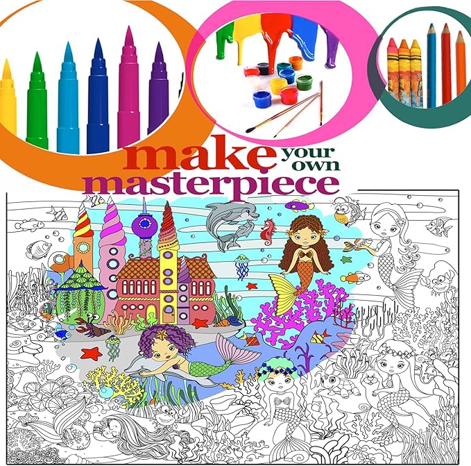 ALEX Art, Giant Coloring Poster - Mermaid Large Wall Coloring Pages - Fun Kids Art Project Activities - Jumbo Coloring Sheets Books for Girls - Huge Posters to Color - Big Floor Size 38.5”x26.7”