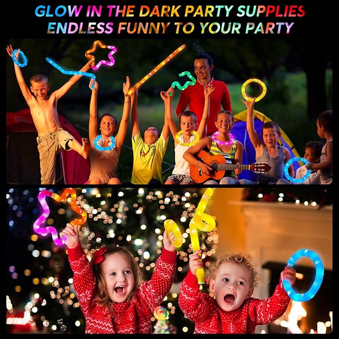 24 PCS LED Pop Tubes, Light Up Glow Tubes Glow in the Dark Party Supplies, Glow Sticks Sensory Toys Birthday Glow Party Favors for kids, Light Up Toys(24 PCS)