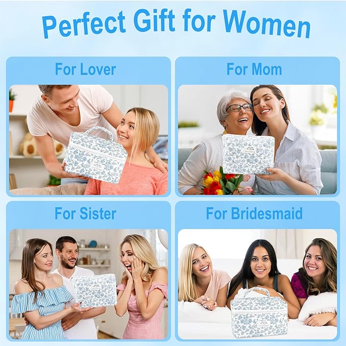 URSKYTOUS 2Pcs Cotton Quilted Makeup Bag for Women Extra Large Small Travel Cosmetic Bag Set Cute Blue Floral Print Makeup Pouch Portable Toiletry Bag Organizer Coquette Vintage Puffy Travel Essential