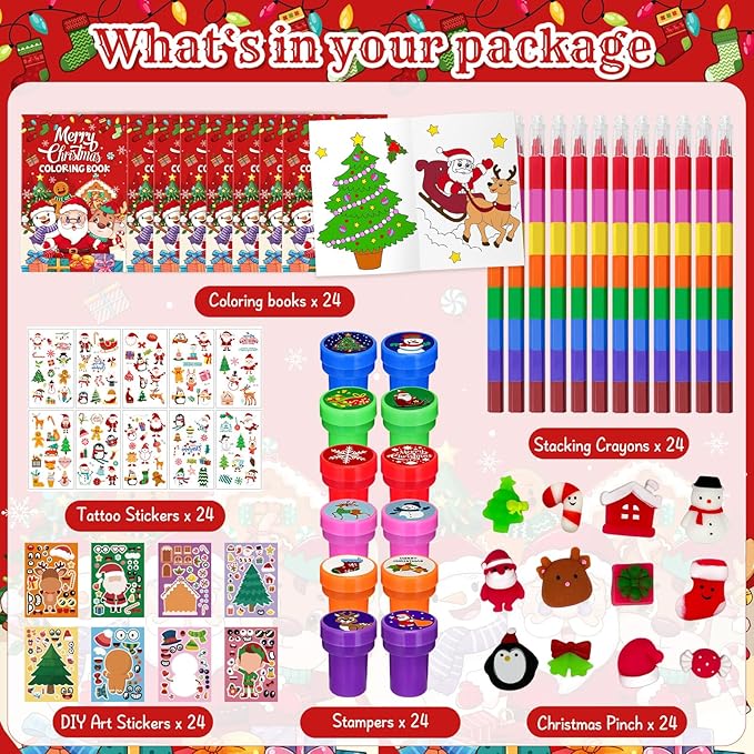 Cinrobiye 144 Pcss Merry Christmas Party Favors Max Holiday Coloring Books Tattoo DIY Sticker Stampers Class Reward Prizes for Christmas Holiday Winter Party supplies (Christmas2)