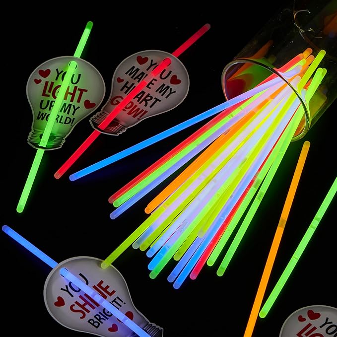 JOYIN 36 Packs Neon Valentines Day Gift Bulb Cards with Glow Sticks, Glow Necklaces for Valentine's Party Favor, Valentine Classroom Exchange Cards, Valentine School Prize