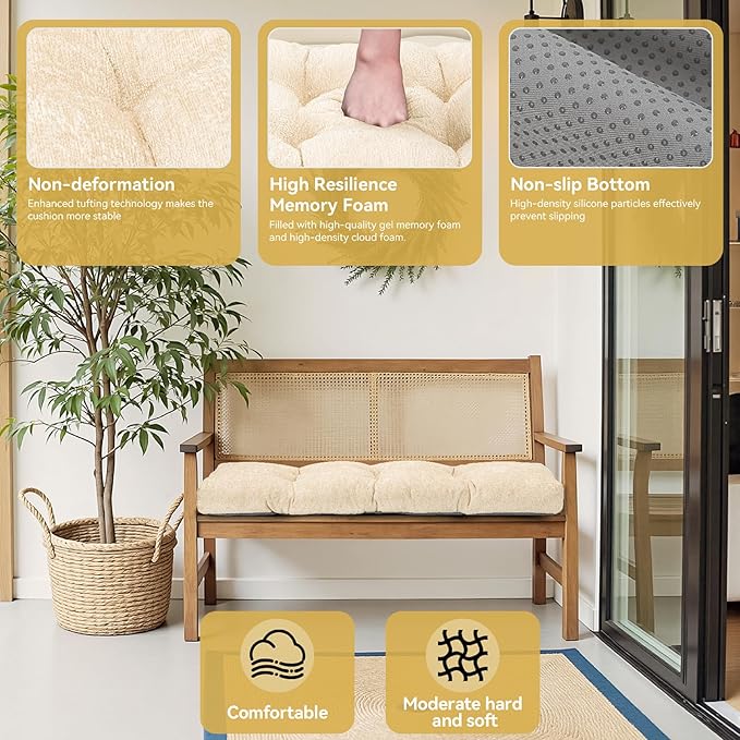 Bench Cushion 42 Inch - Luxury Chenille, High-Density Memory Foam, Non-Slip Bottom, Soft Durable Indoor Tufted Long Seat Cushion for Window Garden Furniture (Ivory, 42x16x4 Inch)