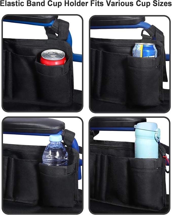 LIGHTMEUP Wheelchair Side Bag with Cup Holder - Wheelchair Armrest Pouch Accessories for Adults, Storage Bags to Hang on Side Oversized Zipper Pull for Electric Wheelchair Walker Rollator Scooter