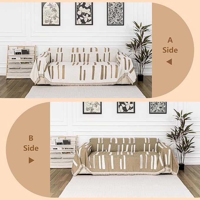 MYSKY HOME Sofa Covers for Sectional Sofa, Couch Cover for Dogs, Couch Covers with Tassel Loveseat Covers Futon Cover L Shaped Cover Washable Chenille Couch Protector, 71" x 134", Khaki Piano Key