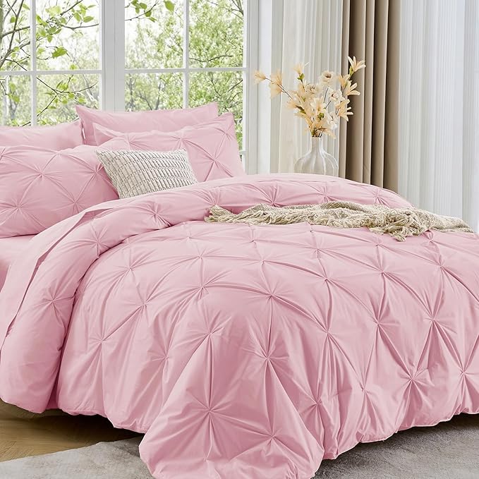 Sasttie Full Size Comforter Set, 7-Piece Bed in a Bag, Pintuck Bedding Set for All Season, Includes Comforter, Flat Sheet, Fitted Sheet, Pillowcases and Pillowshams, Baby Pink